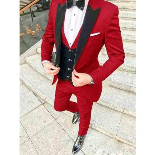 One Button Men Suits Red and Black Groom Tuxedos Peak Lapel Groomsmen 3 Pieces Set ( Jacket+Pants+Vest+Bow Tie ) D327