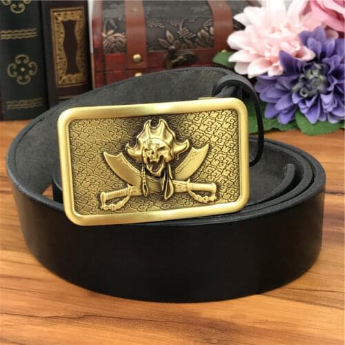 Brass Skull Belt Buckle Leather Belt Men Ceinture Homme Yellow Belt Men Leather Belt Cowboy Wide Jeans Male Strap MBT0092