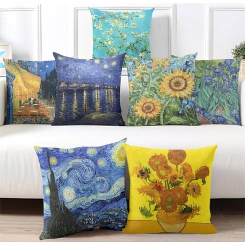 Van Gogh Oil Painting Pillow Case Sofa Cushion Cover Sunflower Starry Night Double-Sided Printing Short Plush Pillow Cover 45x45