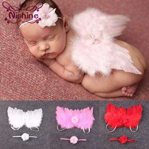 Nishine Fashion Newborn Kids Feather Angel Wings With Elastic Chiffon Flowers Headband Choldren Photo Prop Set Accessories