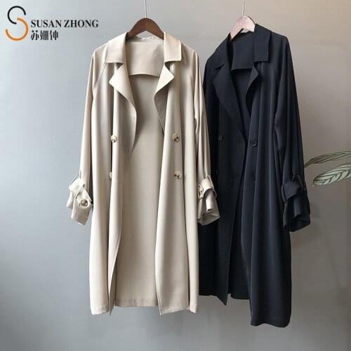 Women Coat Female Long Outwear Lady Trench Autumn Loose Raglan Sleeve Button Strap Cuff Back Storm Flap Open Collar Poplin Suit