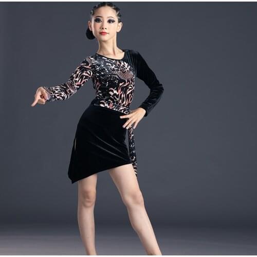 New Children Latin Dance Dress Autumn Winter Training Suit Girls Long Sleeve Velvet Latin Competition Performance Costumes
