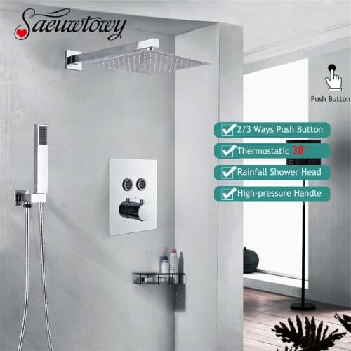 Luxury Thermostatic Bathroom Shower Faucet Rainfall Shower Head Rotate/Waterfall Bath Tub Spout 23 Way Push Key Chrome Mixer Tap