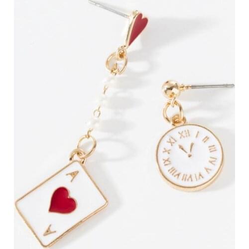 Cute Poker Clock Asymmetric Dangle Earrings For Women Teens Girls Personalized Ear Studs Drop Earrings Fashion Party Jewelry