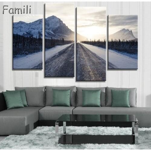 Modern Canvas Posters Home Decor Wall Art Pictures 4 Pieces Sunset Dusk Highway Landscape Paintings Living Room HD Printed Photo