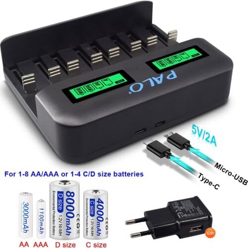 PALO LCD C D Size AA AAA Battery Smart Fast USB Battery Charger For 1.2V NiMH NiCD AA AAA SC C D Size Rechargeable Batteries