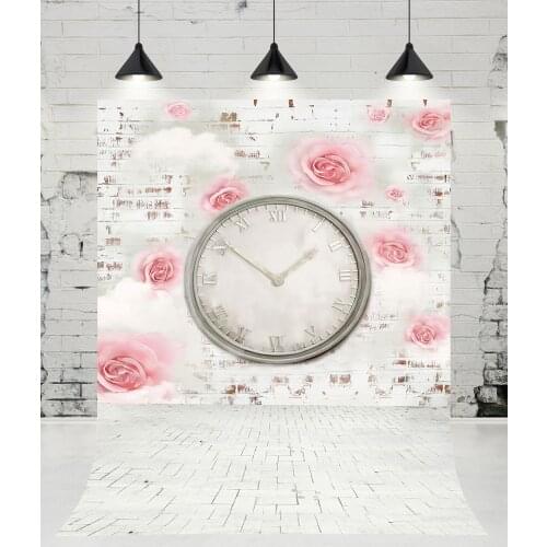 VinylBDS Brick Wall Flowers Baby Shower Photography Backdrops Clock Brick Floor Photo Studio Background for Children Props