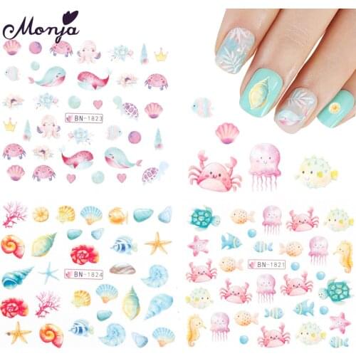 Monja Summer Ocean Cartoon Series Watermark Nail Art Sticker Dolphin Shell Multi-pattern Water Transfer Decals DIY Manicure Tool