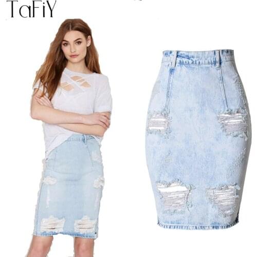 TaFiY 2017 Fashion High Waist Denim Skirt Washed Blue Pencil Skirts 100% Cotton Womens Hole Casual girls Summer jeans skirt midi