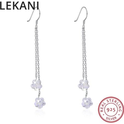 LEKANI Crystals From SWAROVSKI Cute Flower Long Chain Drop Earrings 925 Sterling Silver Earrings For Women Fine Jewelry