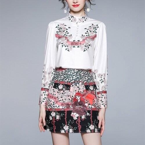 Menahem 2021 Summer Autumn Two Piece Set Womens Stand Button Long Lantern Sleeve Flower Print Shirt Top＋High Waist Skirt Suit