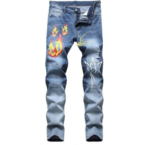 Spring Summer Fashion Elastic Print Jeans Men Boutique Stretch Casual Denim Pants Male Slim Streetwear Trousers