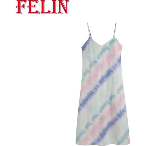 FELIN Za Fashion 2021 Women Silk Summer Tie Dye Mid Dress V-Neck High Street Cami Sexy Suspender Dress Comfortable Vestidos