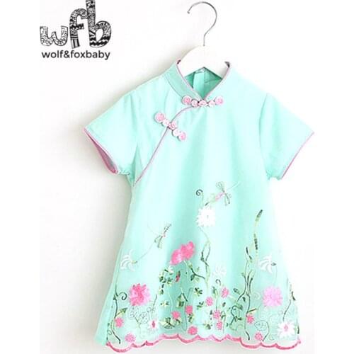 Retail 2-8years Baby Girl short-sleeves Cotton Classical Cheongsam Pastoral Style Ethnic Costume Sweet Lovely embroidered