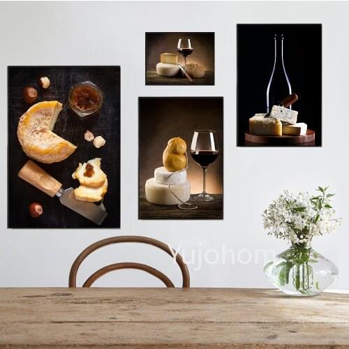Cheese and Wine on Wooden Table Canvas Painting Kitchen Wall Decorative Pictures Restaurant Dining Room Poster Art Prints Decor