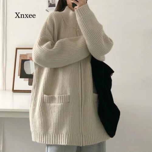 Long Sleeve Zipper Sweater Women Female Stand Collar Casual Slim Knitted Jacket Solid Warm Cardigans 2021 Spring Autumn Coat