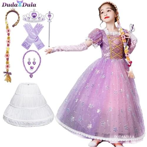 Summer Girls Princess Rapunzel Dress Girls Halloween Carnival Cosplay Costume Child The Tangled Role Playing Frocks Party Dress