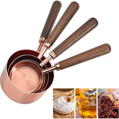4pcs/Set Measuring Cup Stainless Steel Wood Handle Measuring Cup Spoon Cooking Tool Measuring Cups Dropshipping
