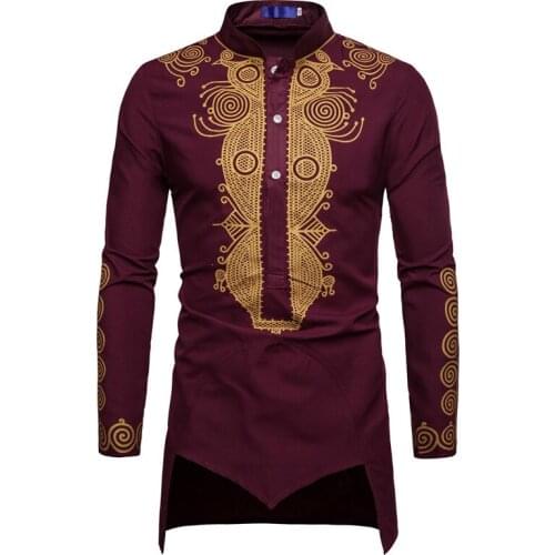 Muslim Men Shirt Islamic Clothes Print Stand Color Tops Kurta National Printed Long Sleeve Shirts Male Folk Hip Hop Streetwear
