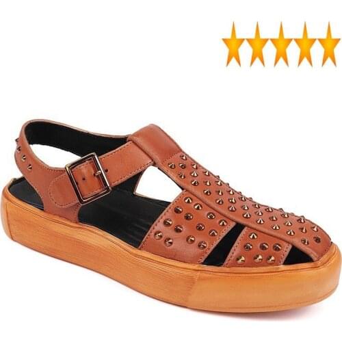 Mens Outside Gladiator Platform Shoes Breathable Genuine Leather Sandal Thick Bottom Fashion Luxury Punk Rivets Roman Sandals
