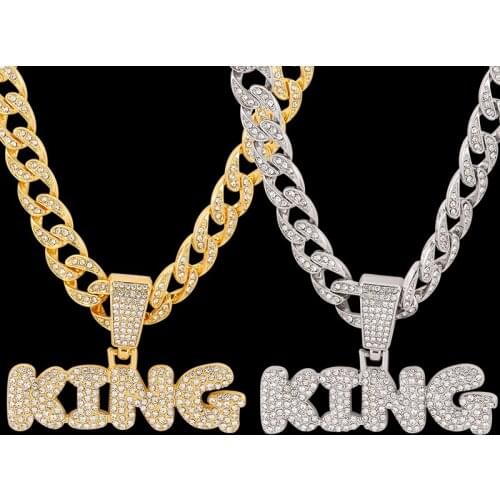 Men Hip Hop KING Letters Pendant Necklace Miami Cuban Chain Iced Out Bling HipHop Necklaces Male Charm Jewelry