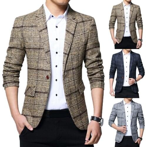 Fashion Men Plaid Lapel Slim Fits blazer cotton blazer Suit Office Jacket plus size Male blazers Mens coat Wedding