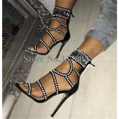 2018 New Fashion Women Open Toe Rhinestone High Heel Sandals Ankle Wrap Crystal Gladiator Sandals Formal Dress Shoes
