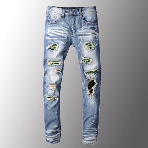 New Men Jeans Luxury Mens Crystal Holes Ripped Jeans Slim Skinny Patchwork Distressed Blue Stretch Denim Pants Plus Size 40