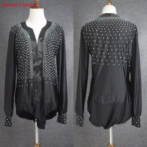 New mens latin dance costumes long sleeves diamond latin dance body Loose top for mens latin dance competition shirts S-4XL