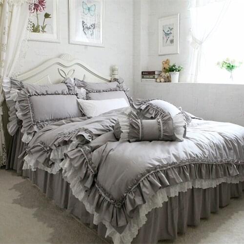 New European Grey Bedding Set Big Ruffle Lace Duvet Cover Bedding Wrinkle Bedspread Bed Sheet for Wedding Decorative Bed Clothes
