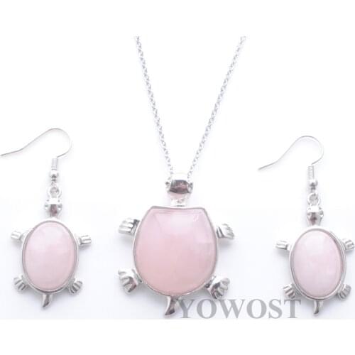 Easter Day gift Natural Rose Quartzs Jewelry Sets for Female Stone Pendant Drop Hanging Earrings Silver plated chain 18" QQ3105