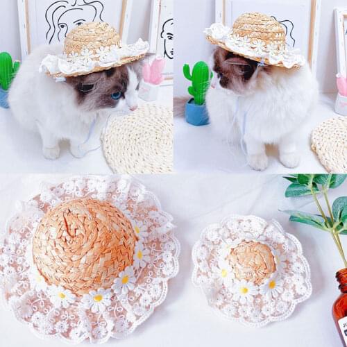 Newest Pet Dog Straw Hat Lace Bow Sunhat Cute Woven Straw Hat Beach Sombrero Hats Hawaii Style Dogs Cat Costume Accesseries