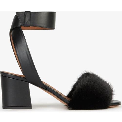 Sestito New 2019 Women Sexy Fur Embellished Square High Heels Ankle Strap Sandals Ladie Peep Toe Buckle Strap Dress Shoes Woman