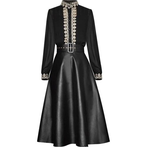 2021 HIGH QUALITY Runway Suit Set Womens Gold Thread Retro Embroidery Pleated Shirt Leather Skirt Set