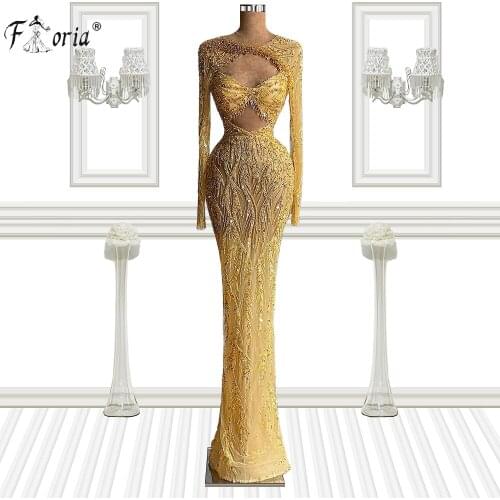 Sexy Dubai Beaded Evening Dress Arabic Gold Long Sleeve Prom Dresses Luxury Mermaid Women Wedding Party Gowns vestidos de fiesta