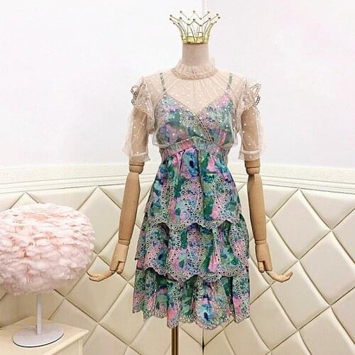 High Quality Women Summer Dresses Embroidered Flower Print Ruffles Sleeve Dress Spliced Patchwork Vintage Female Vestidos SY012