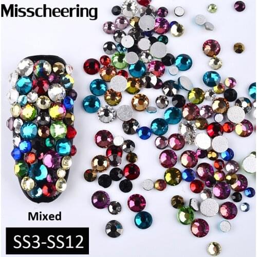 1Pack Colorful Mixed SS3-SS12 Nail Art Rhinestones Flatback Glass Crystal Non Hotfix Glitter 3d DIY Manicure Nails Decorations