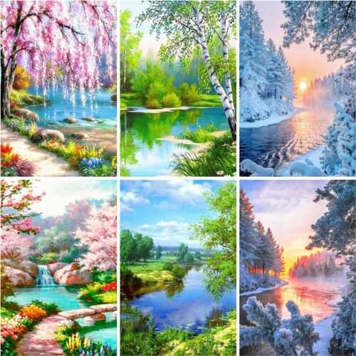 AZQSD Full Square&Round Diamond Painting Landscape Winter 5D Diamond Embroidery Mosaic Cross Stitch Spring Home Decor Gift