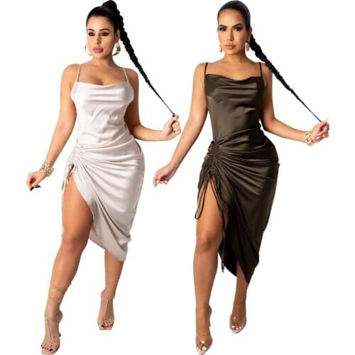 White Coffee Ruched Drawstring Celebrity Dress Women Spaghetti Strap Side High Split Party Dress Sexy Female Backless Midi Dress