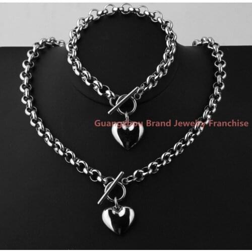 Shiny Gift Womens Jewelry Sets Silver color Stainless Steel 8MM Rolo Link Heart Pendant & Bracelet Choker Necklace Jewelry