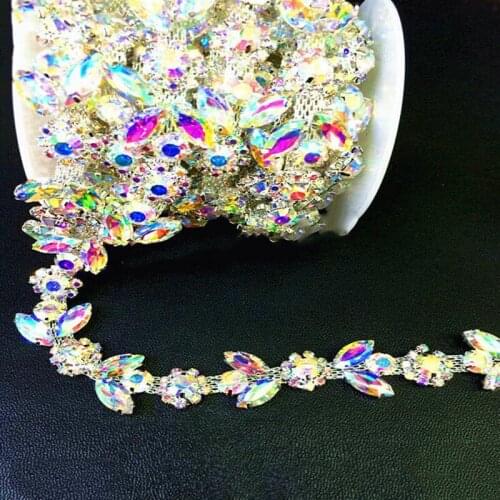 10Yards BlingBling Rhienstone Trim AB Stones Crystal Strass Chain Banding Flower Applique For Wedding Dresses Crafts