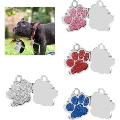 Free shipping pet tags personalised glitter paw print shaped tag dog cat pet id tags mix random colors zinc alloy dog name tags