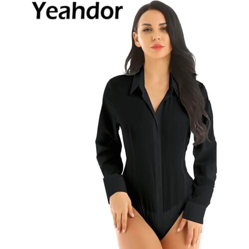 Fashion Women One-Piece Bodysuit Turn-down Collar Long Sleeve Button Down Easy Care Work Jumpsuit Shirt Casual Office Wear