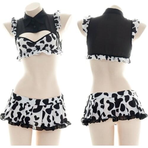 Japanese Women Cute Cow Maid Uniform Set Open Chest Hollow Sexy Underwear Suit Kawaii Soft Tube Tops Miniskirt Cosplay Costume