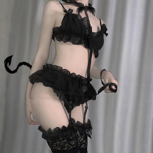 Japanese Lolita Women Sexy Lingerie Set Cute Ruffles Lace Kawaii Babydoll Soft Girl Black Pajamas Cosplay Costumes