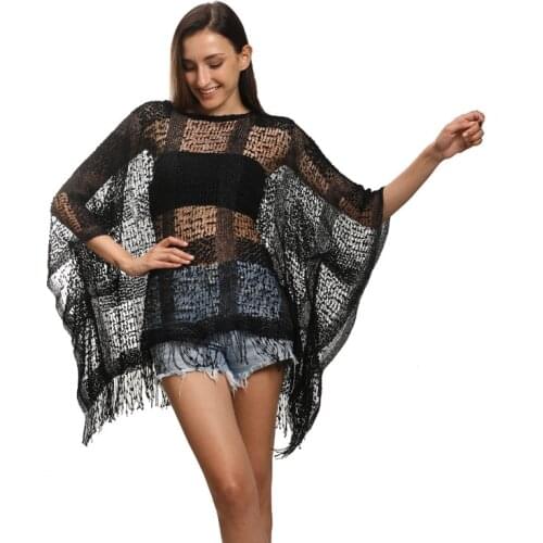 Solid Sexy Women Cloak See-Through Transparent Mesh Beach Towel Oversized Tassel Woman Night Club Beach Holiday Clothing Poncho