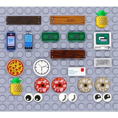 Printed Tile Building Blocks City Accessories Parts MOC Bricks Computer Phone Clock Pizza Mushroom Money Dollar DIY House Toys
