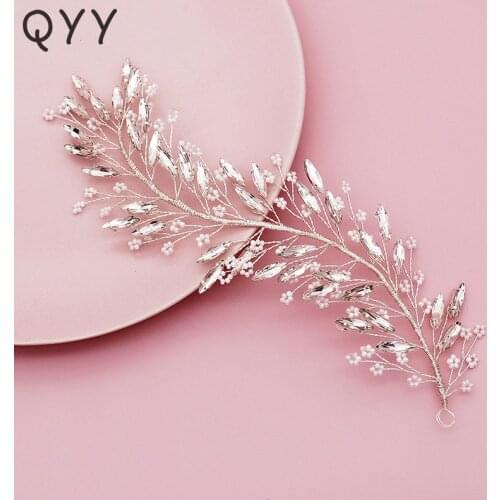 QYY Bridal Wedding Hair Accessories Leaf Crystal Headbands for Women Silver Color Bride Headpiece Bridal Hair Jewelry Gifts