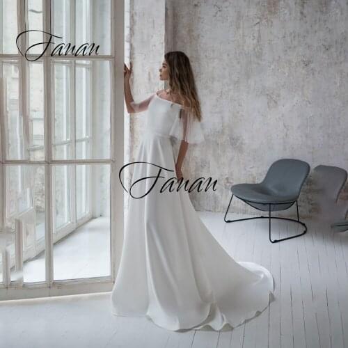 Boat Neck Simple A-Line Wedding Dress Ruffles Floor Length Sweep Train Bridal Gown robe de soirée de mariage Свадебное платье
