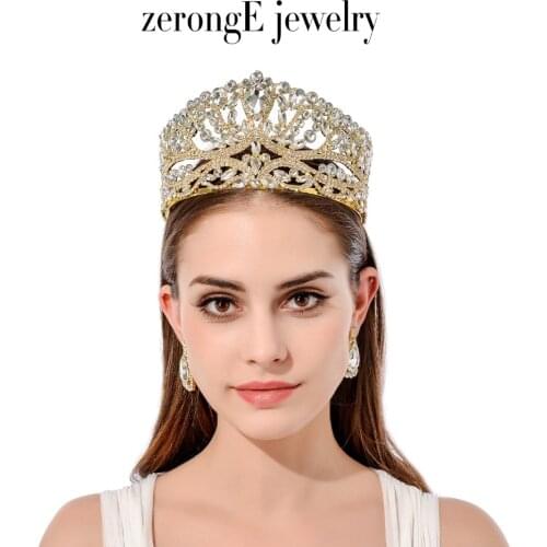 Luxury Large Wedding Pageant gold Tiara crown with earring matching Crystal Bridal pageant Crown and tiaras for women